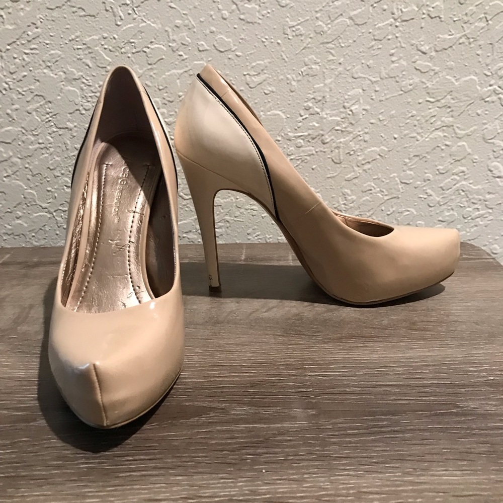 Nude Beige Glossy Patent Leather Almond Toe Platform Pumps Stiletto Heels